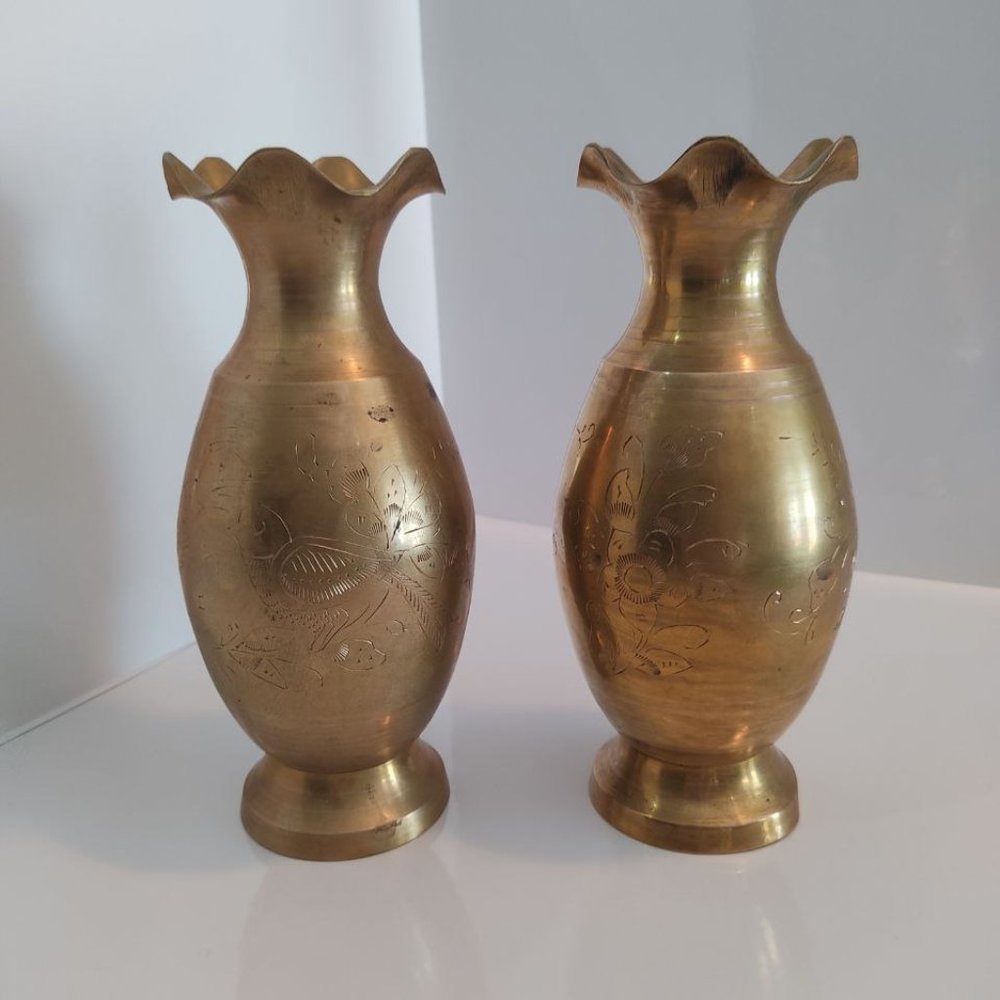 Vintage Pair Set Two Brass Metal Vase